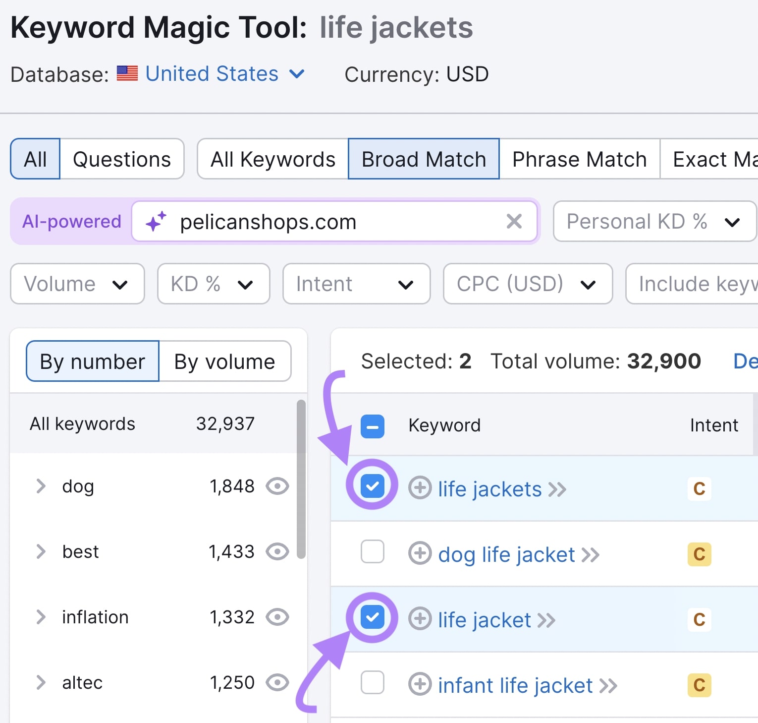 Semrush Keyword Magic Tool results with 2  keywords checked and highlighted