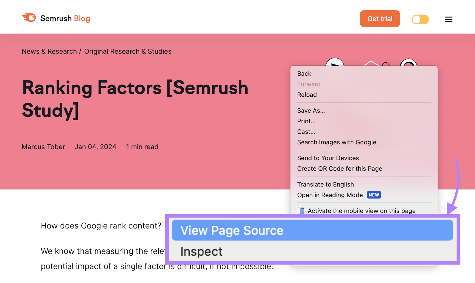 “View Page Source” fastener  connected  Semrush Blog page