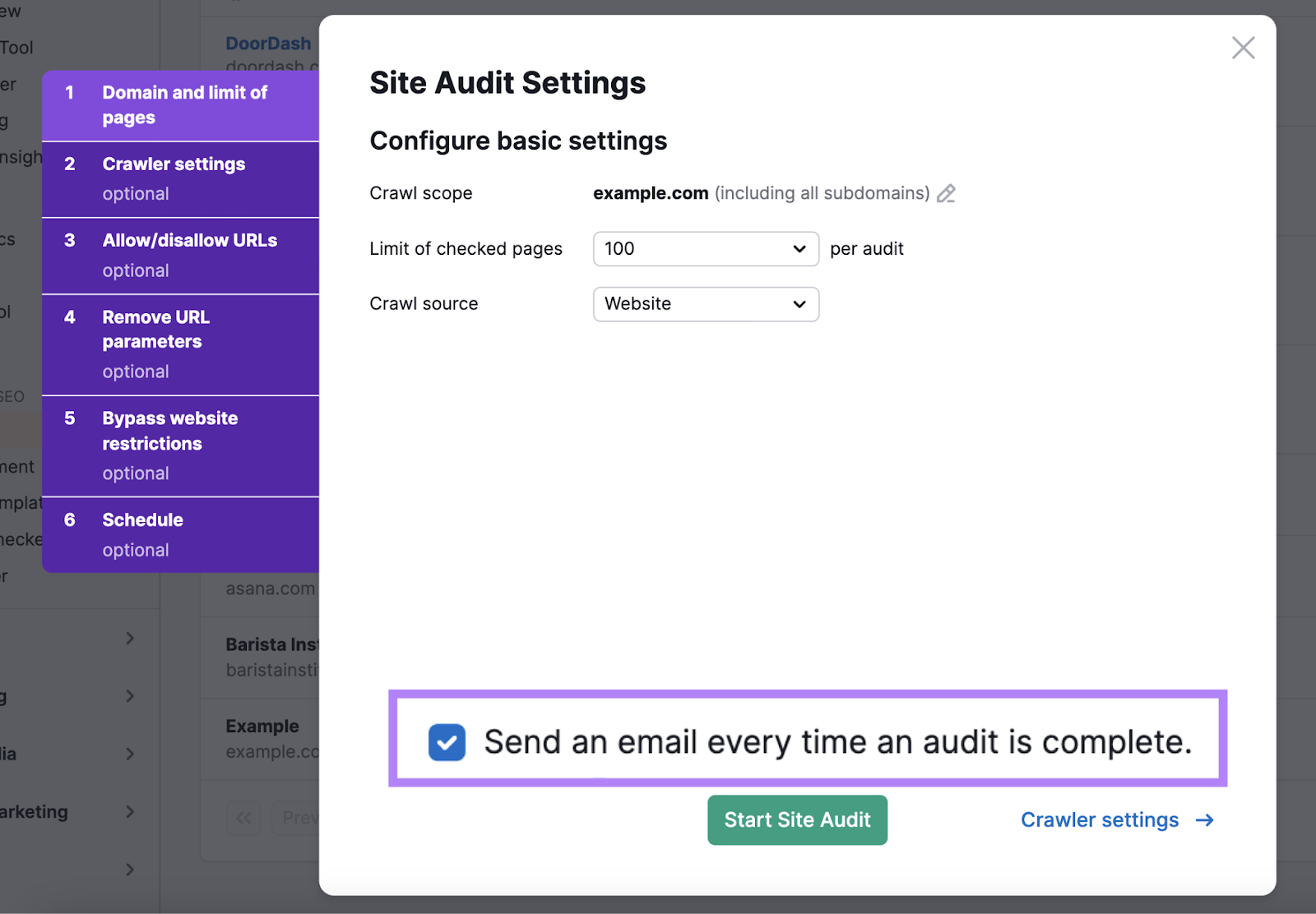 “Send an email every time an audit is complete” setting highlighted