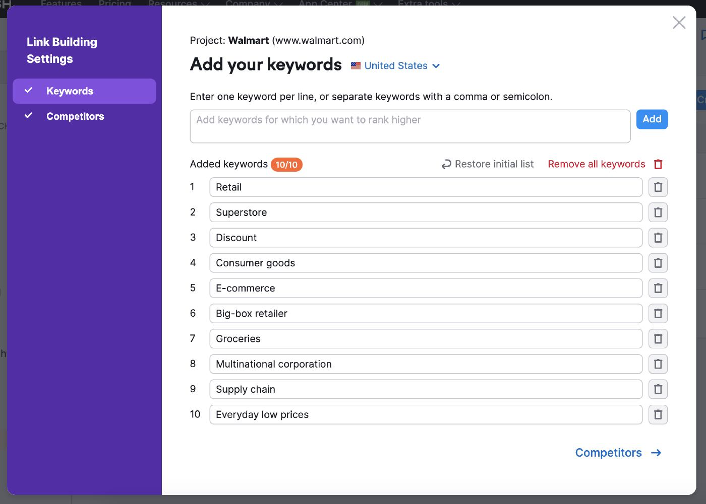 "Add your keywords" page in Link Building tool