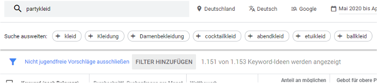 Keyword-Planer: Option „Filter hinzufügen“