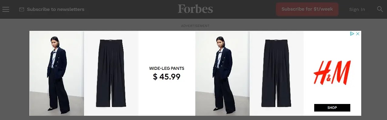 A banner ad for H&M’s wide-leg pants