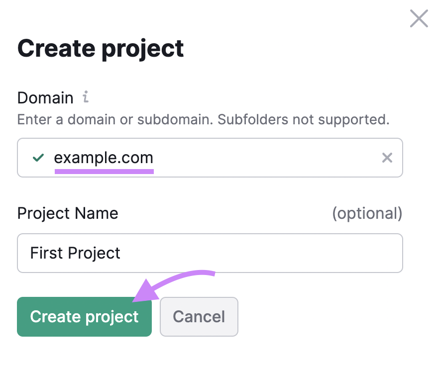 "Create project" window in Site Audit tool