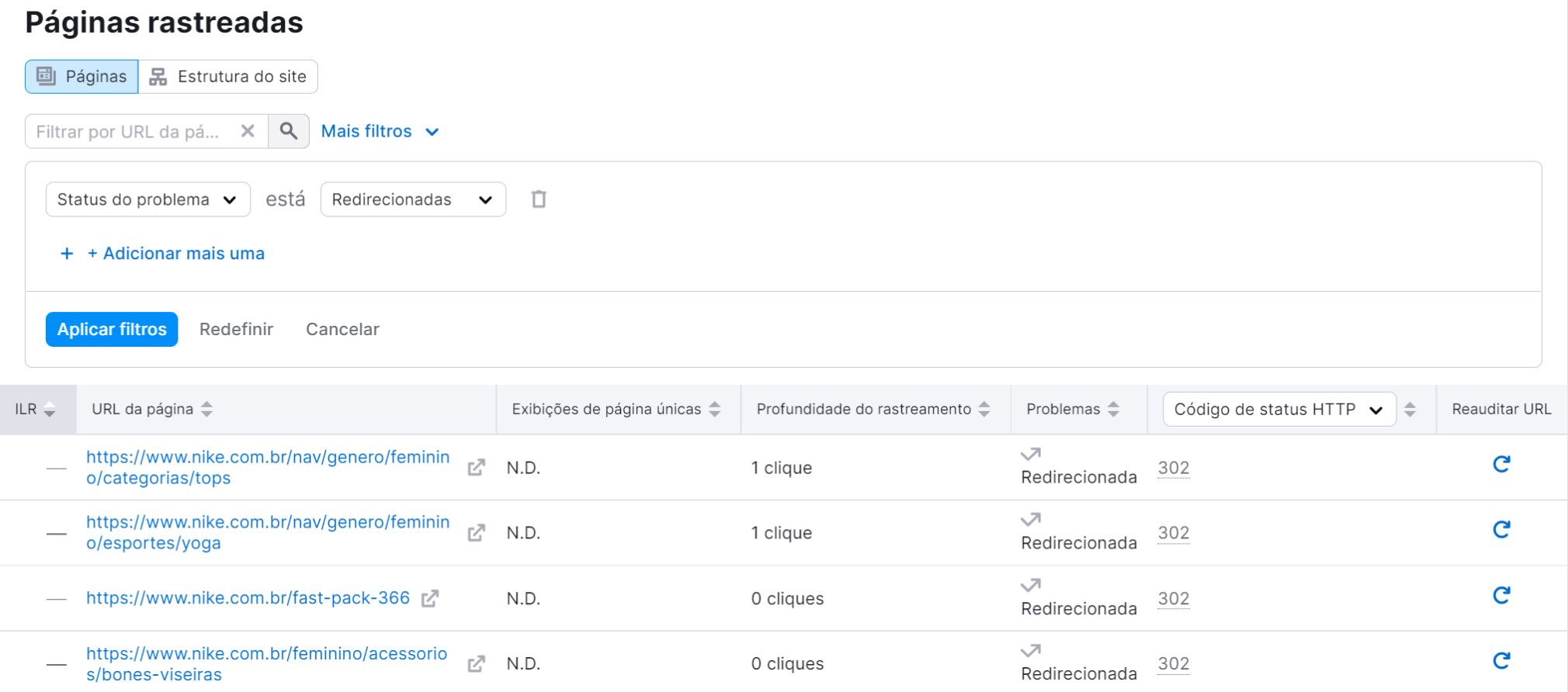 auditoria do site - redirecionamento