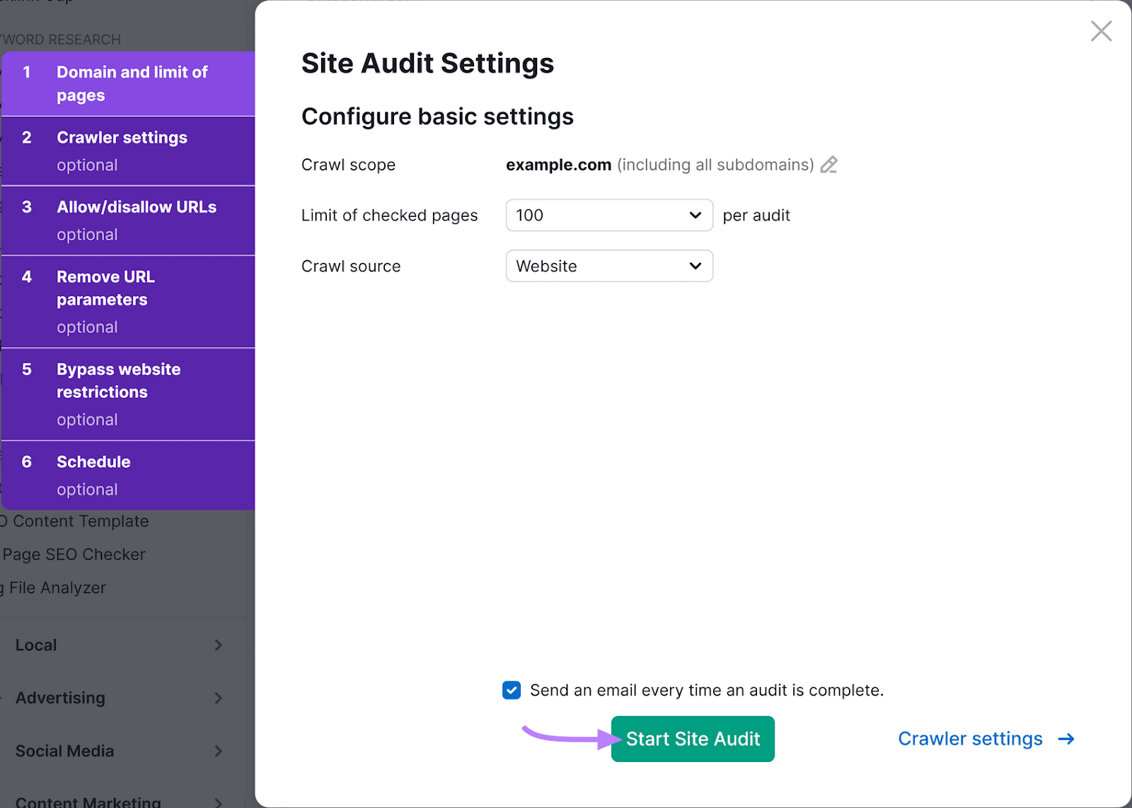 Site Audit Settings with options to configure basic settings and an arrow pointing to a green "Start Site Audit" button.