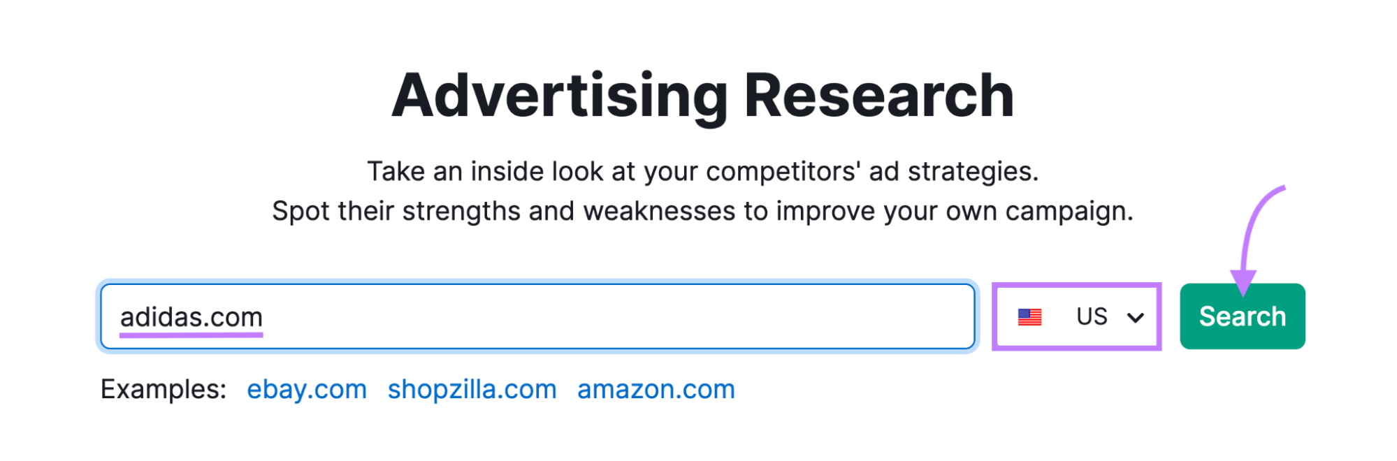 "adidas.com" entered into the Advertising Research search bar