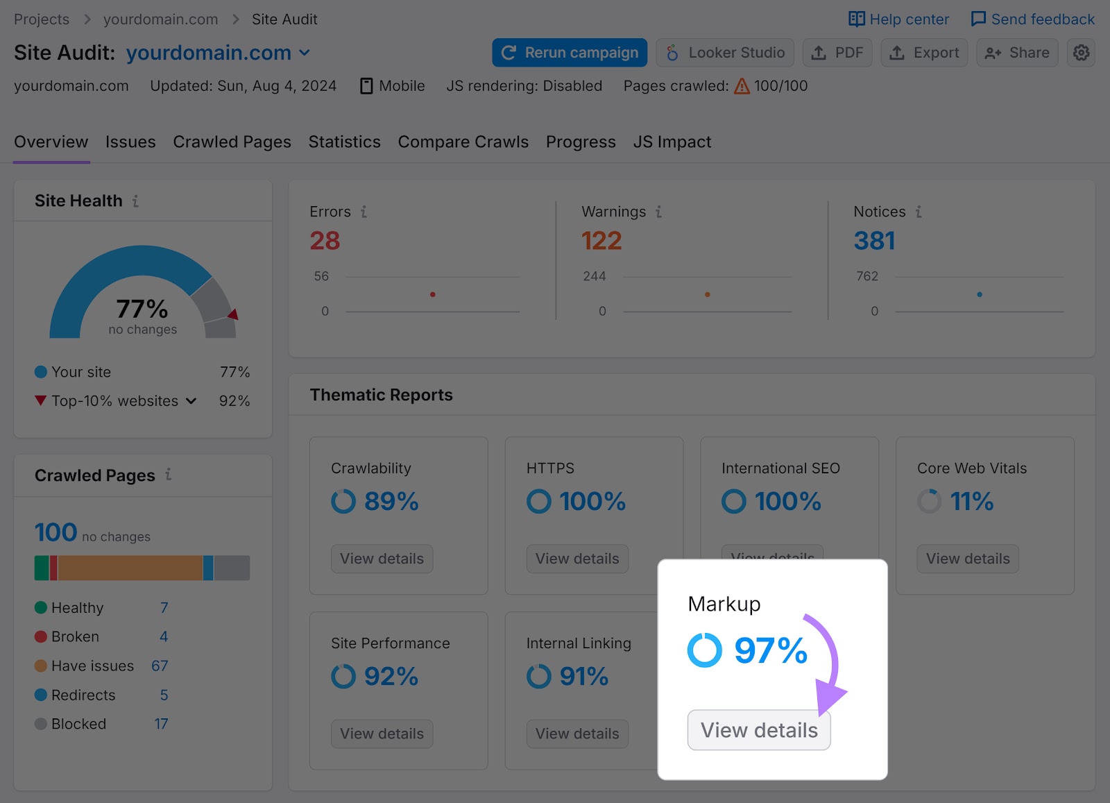 "Overview" tab of the Site Audit tool with the "Markup" section and "View details" button highlighted.