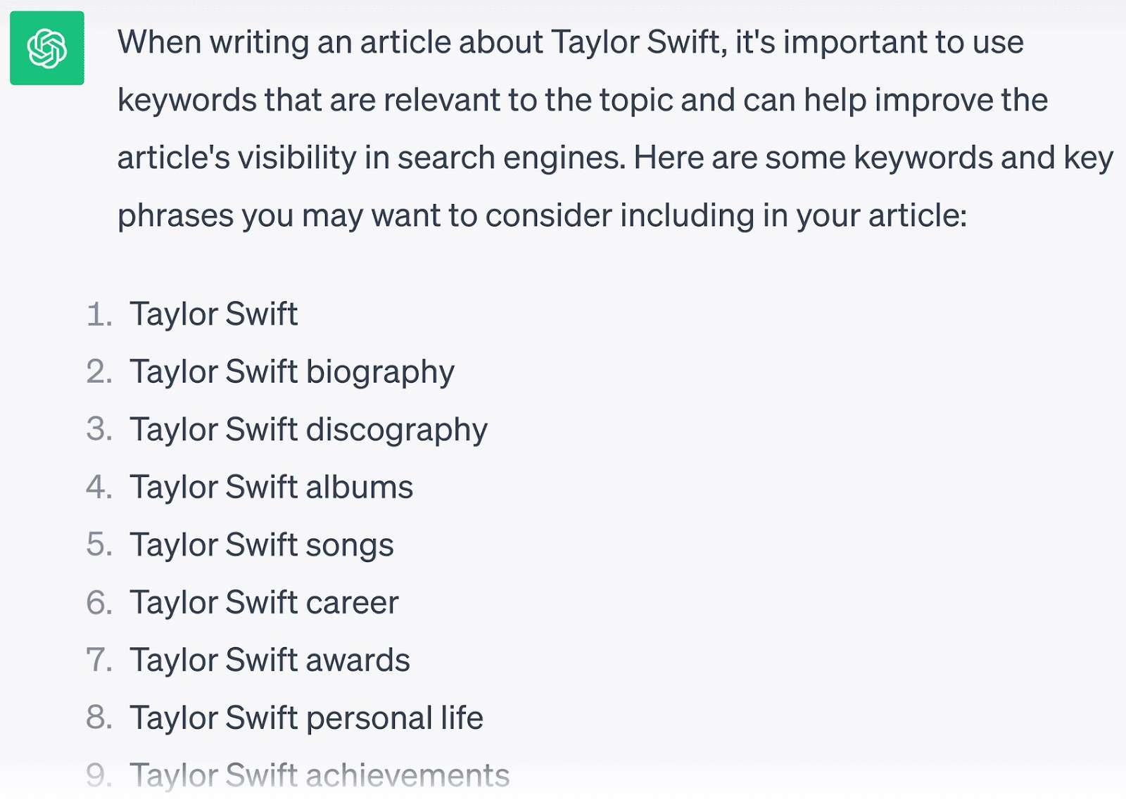 ChatGPT response to “What keywords should I use in an article about Taylor Swift?” prompt