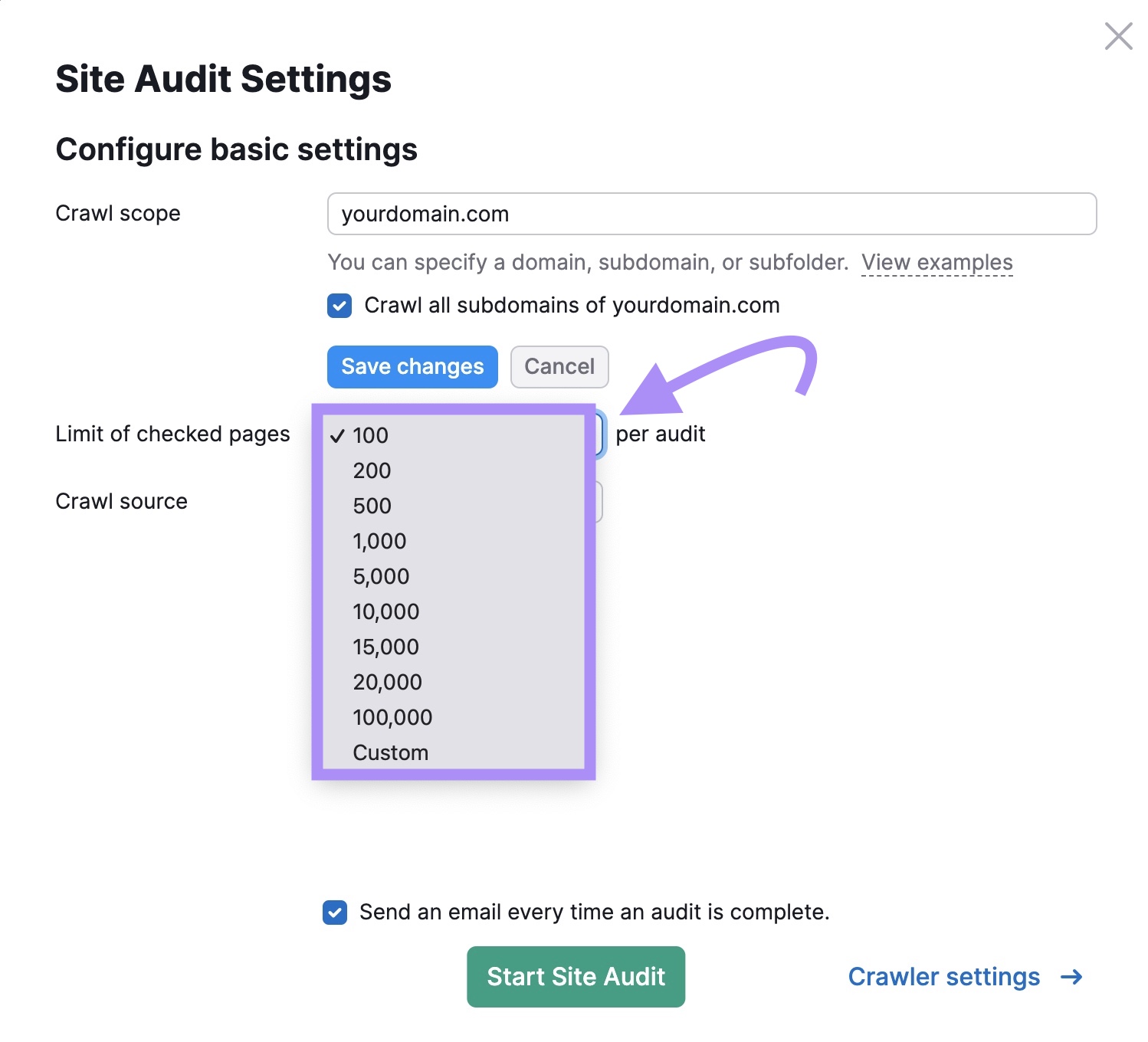 Select the number of pages to crawl in Site Audit tool settings