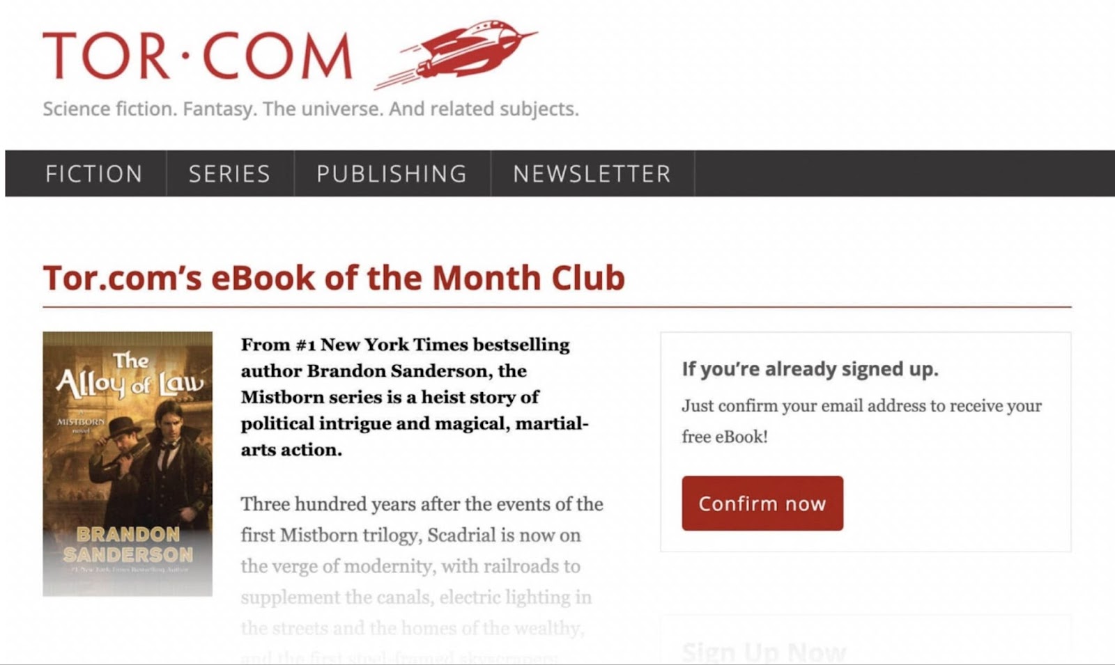 La couverture du livre The Alloy of Law aux côtés de l'offre « eBook of the Month Club » des livres Tor