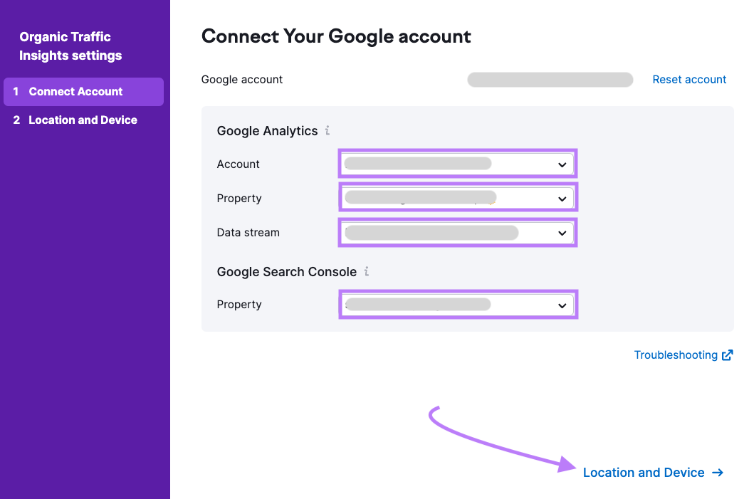 "Connect Your Google account" setup window in Organic Traffic Insights