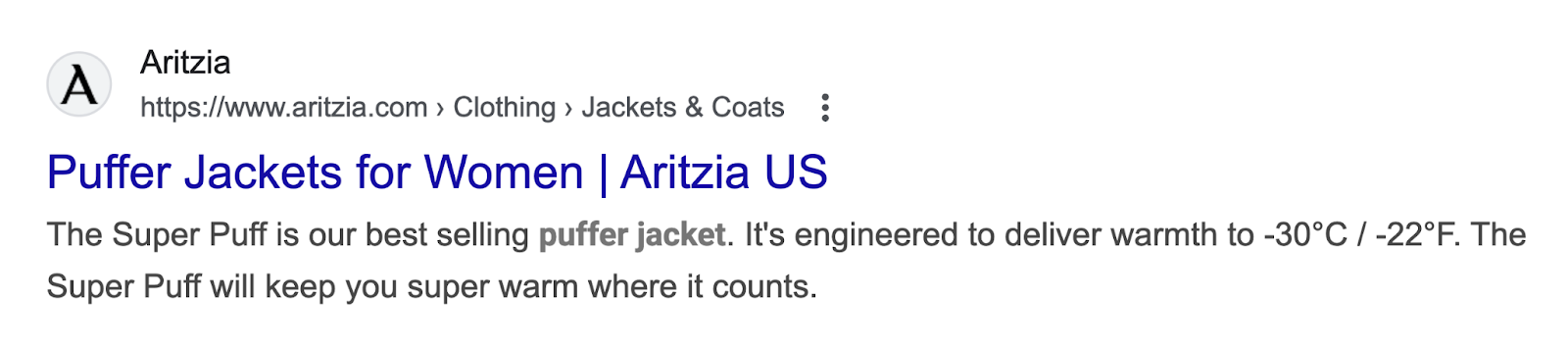 Product page title tag says "puffer jackets for women, Artizia US".