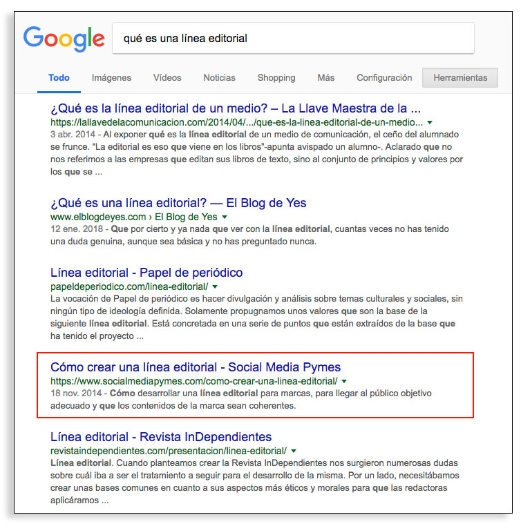 Contenido esencial SEO - Ejemplo de posicionamiento línea editorial