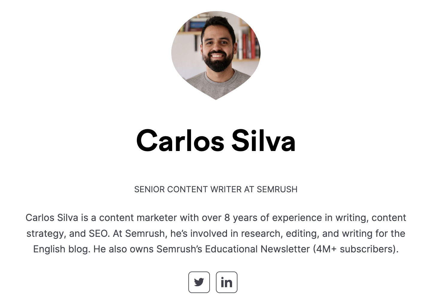 An author page for Carlos Silva, senior content writer at Semrush