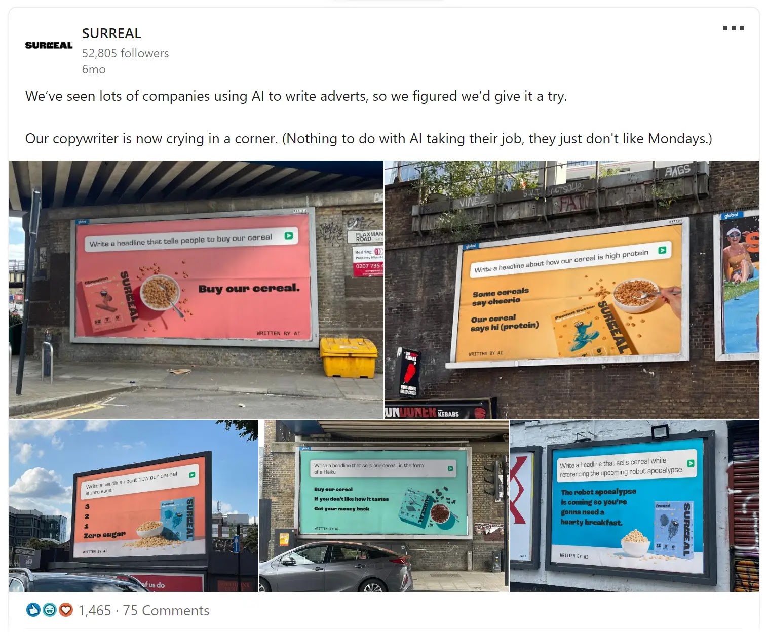 Surreal's Linkedin post sharing brand's AI billboards