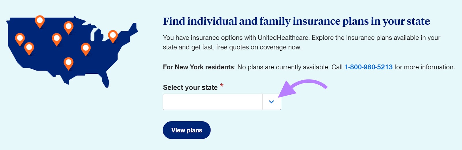 United Healthcare website with the "Select your state" section highlighted