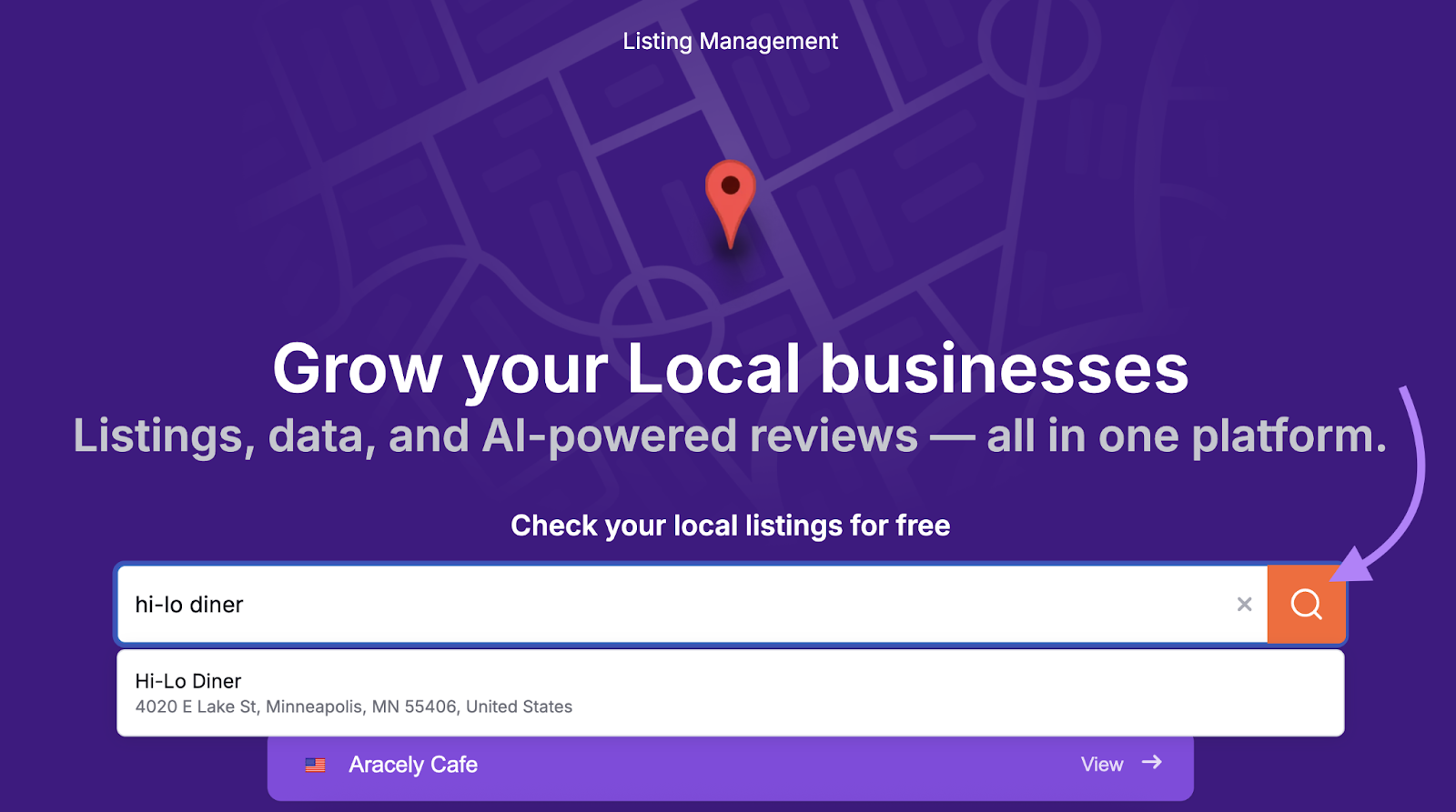 Search for business in Listing Management tool.