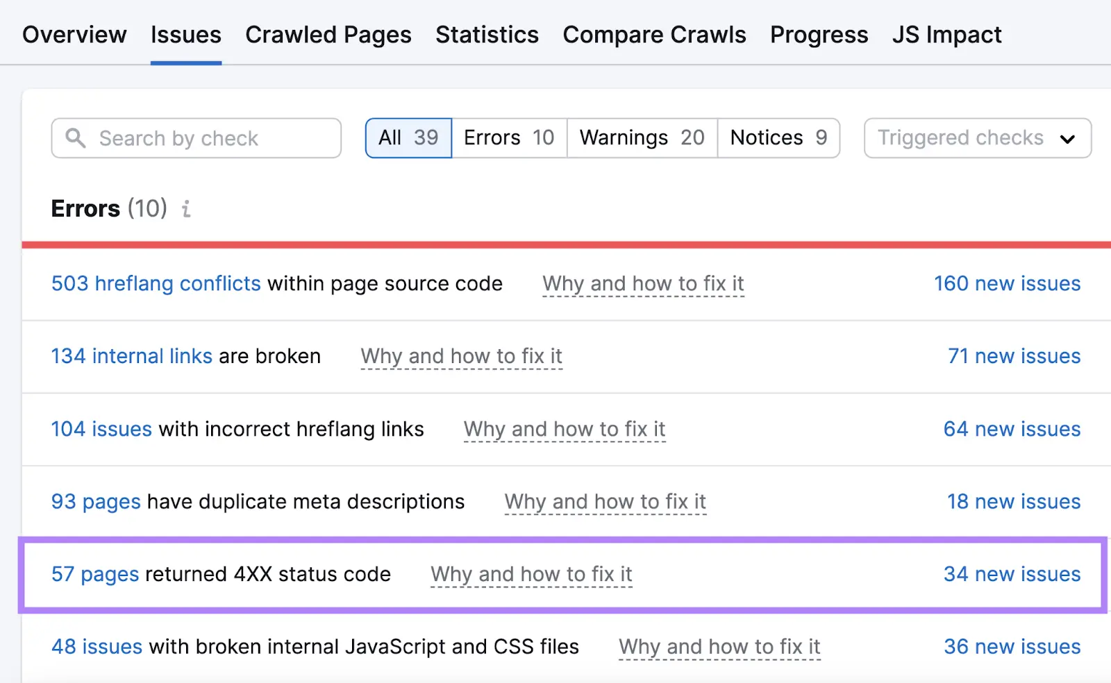 “57 pages returned 4XX status code" error highlighted under the "Errors" list in Site Audit tool