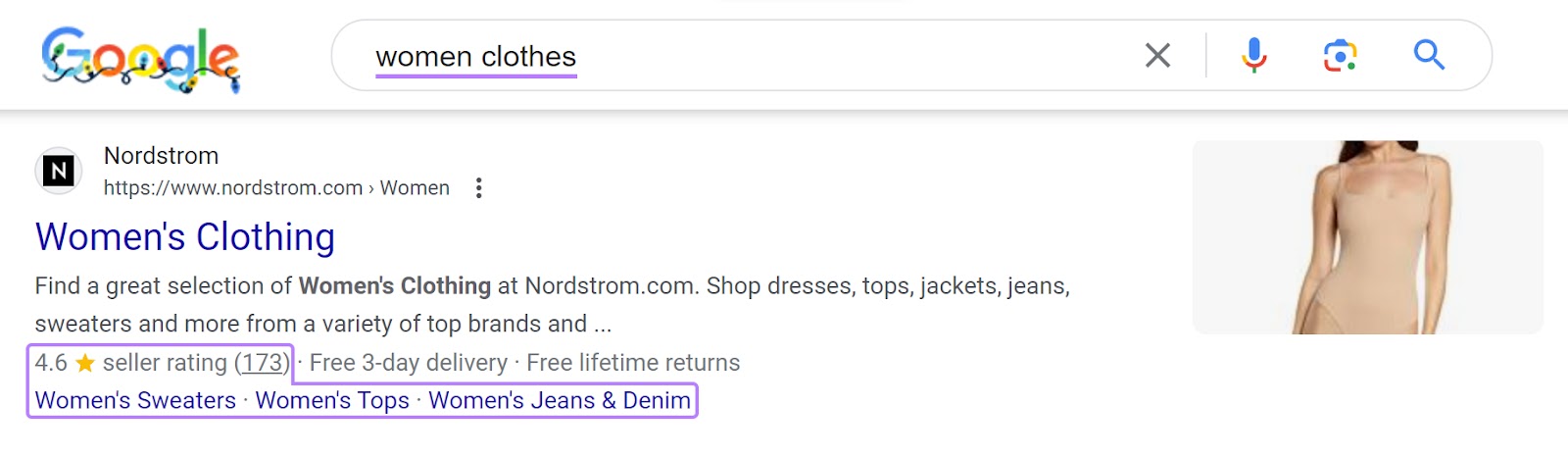 A rich snippet result appearing for "women clothes" keyword