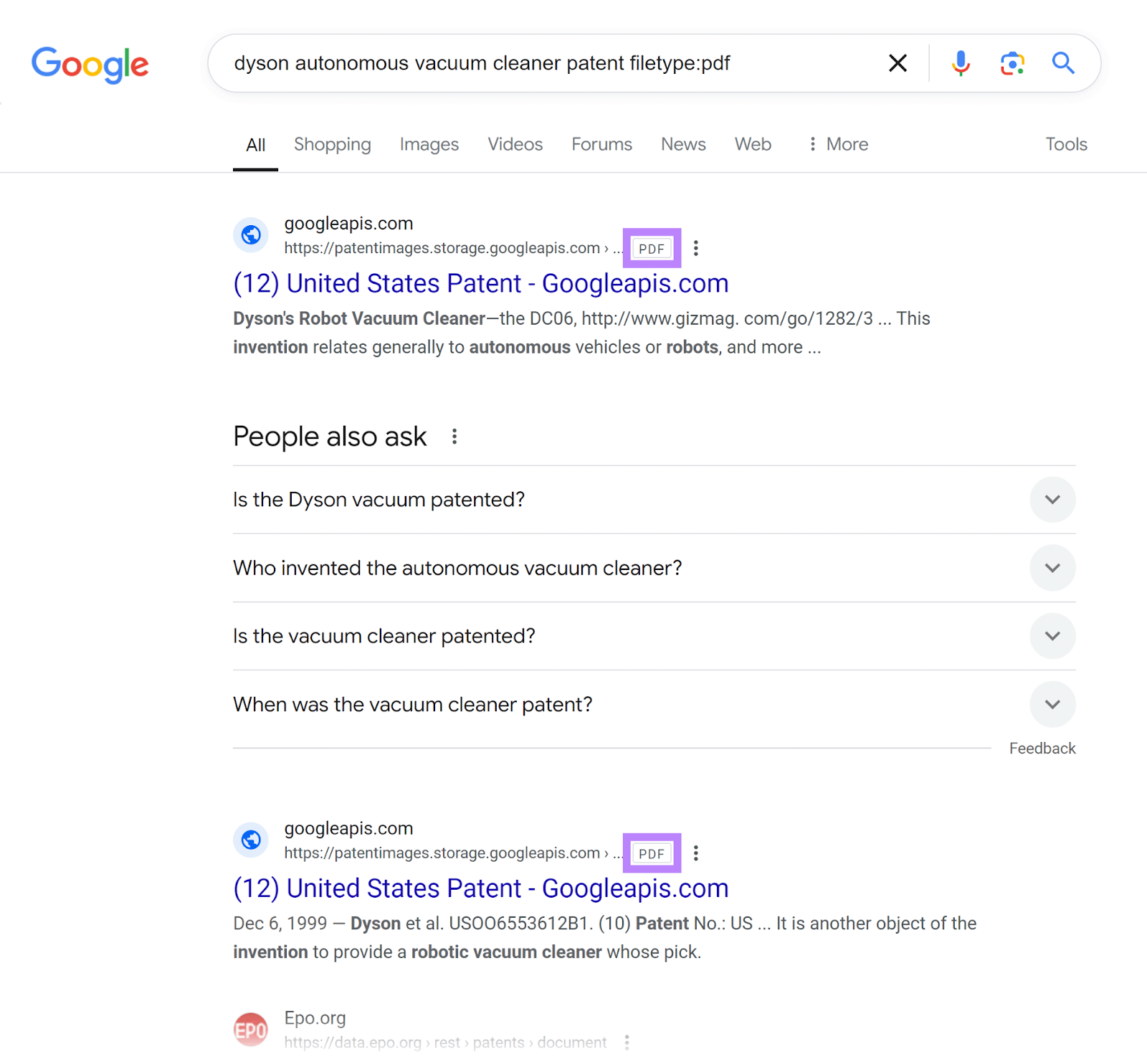 Google SERP for “dyson autonomous vacuum cleaner patent filetype:pdf” with PDF results highlighted