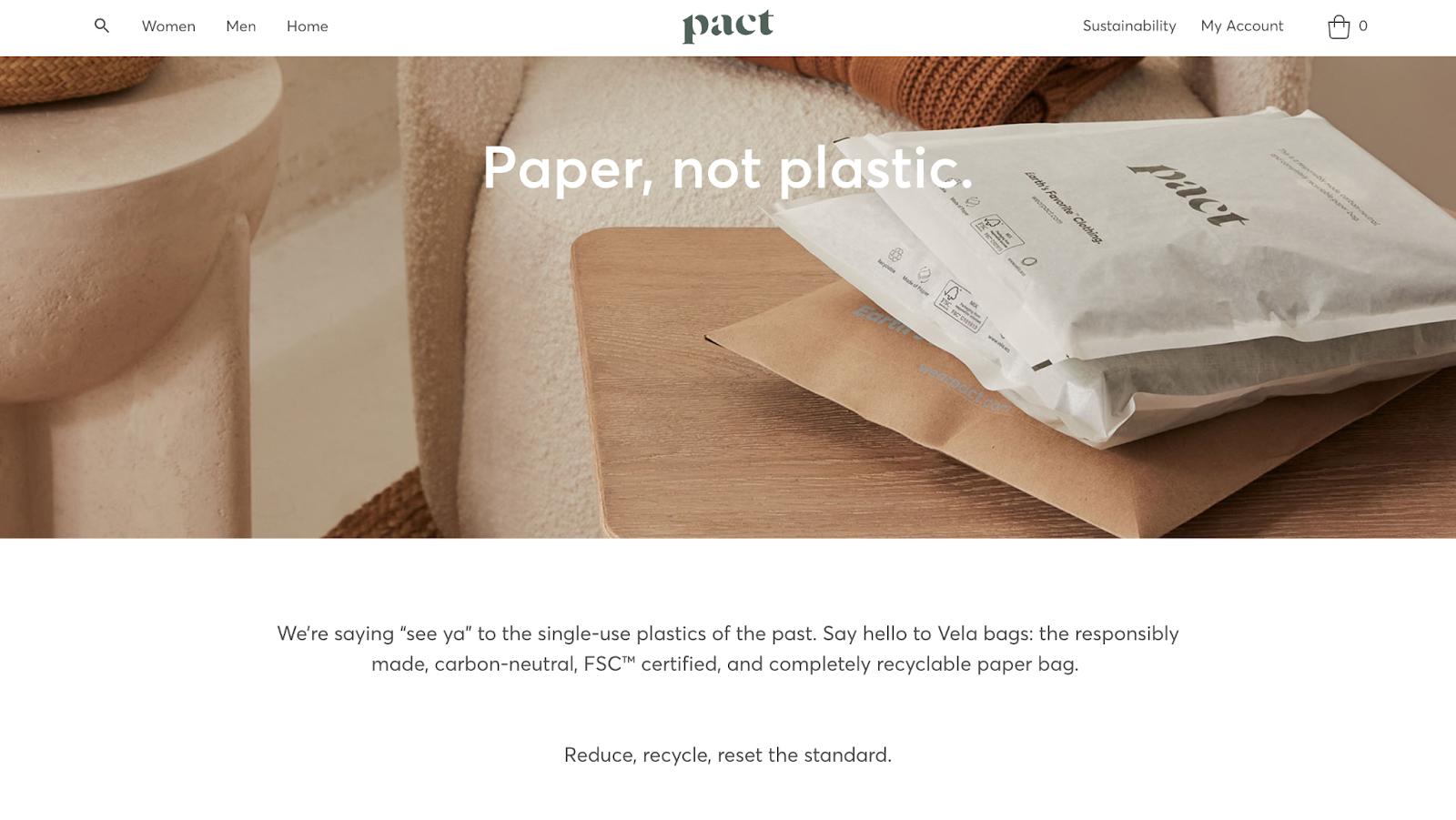 ecommerce trend on brand's ethics page showing they use paper not plastic packaging