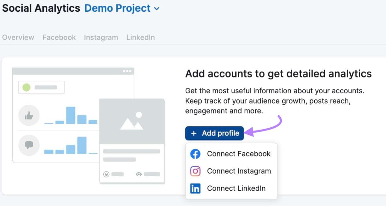 "+ Add profile" button selected under Social Analytics tool