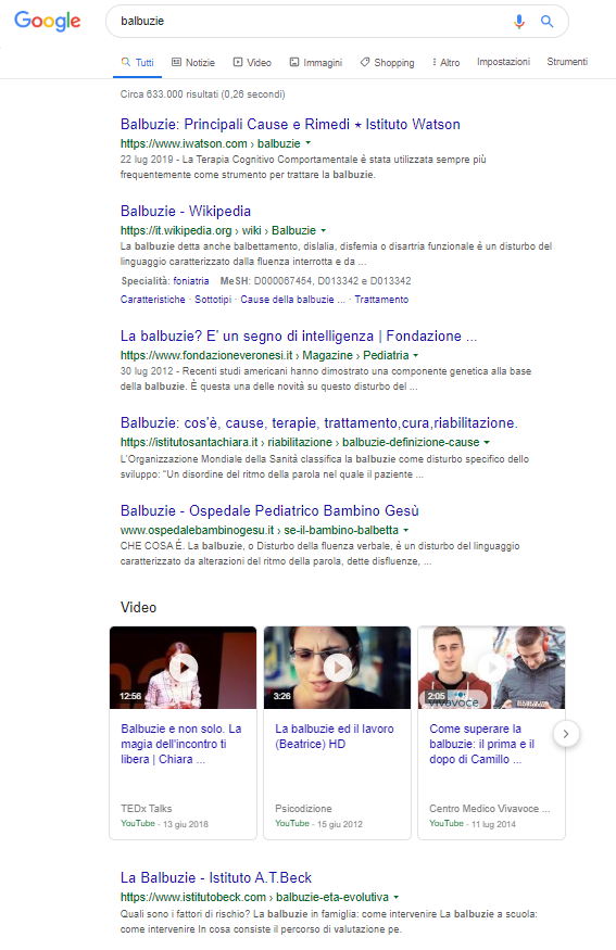 Esempio con la keyword balbuzie: la serp di google