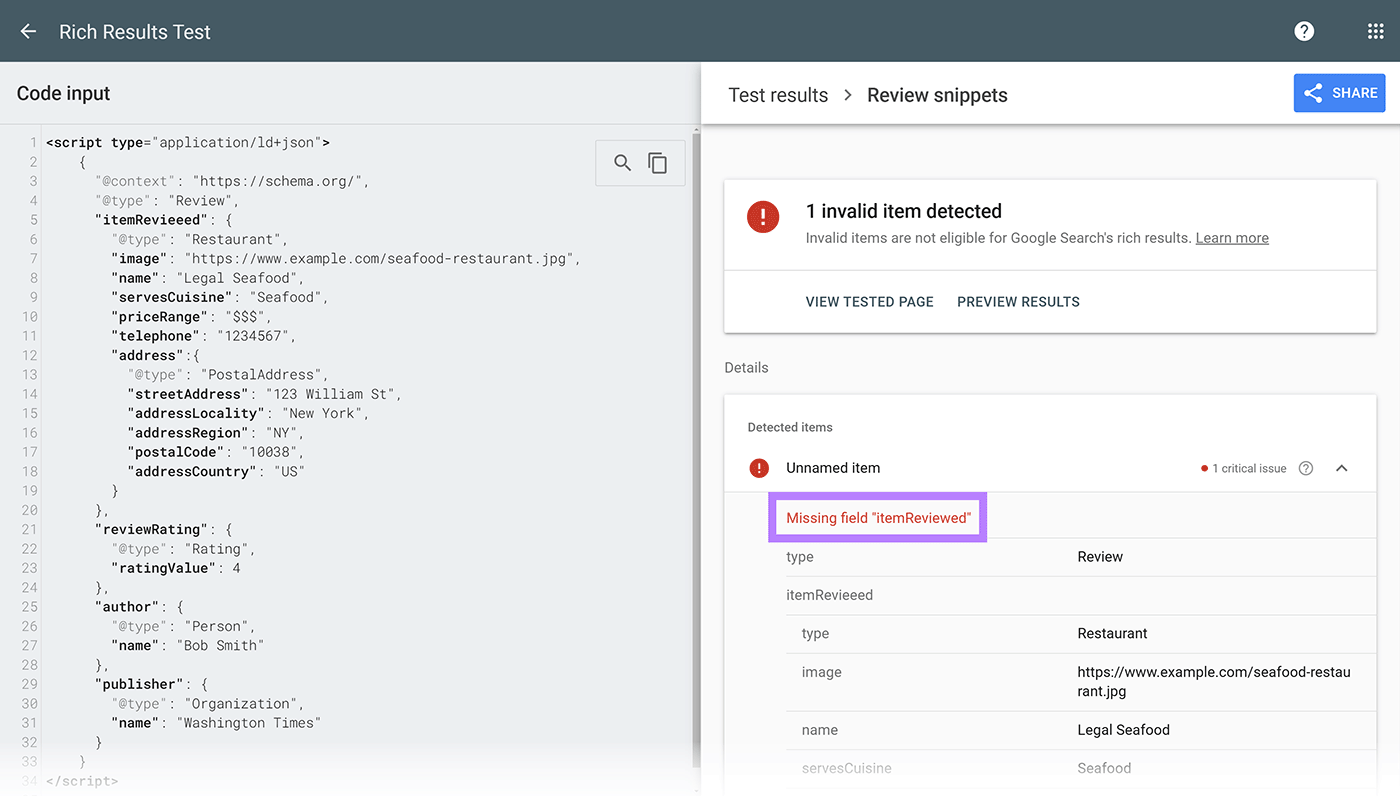 Rich Results Test results with Missing field error highlighted