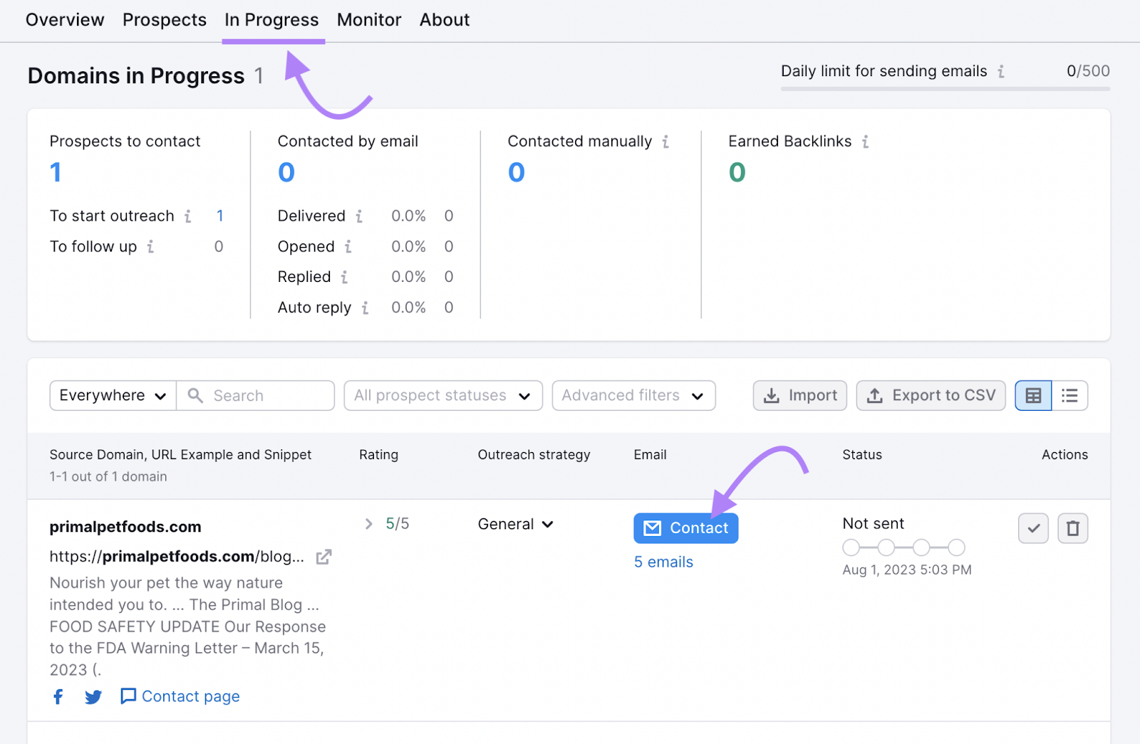 directly contact potential backlink opportunities from the “In Progress” tab in the Link Building Tool