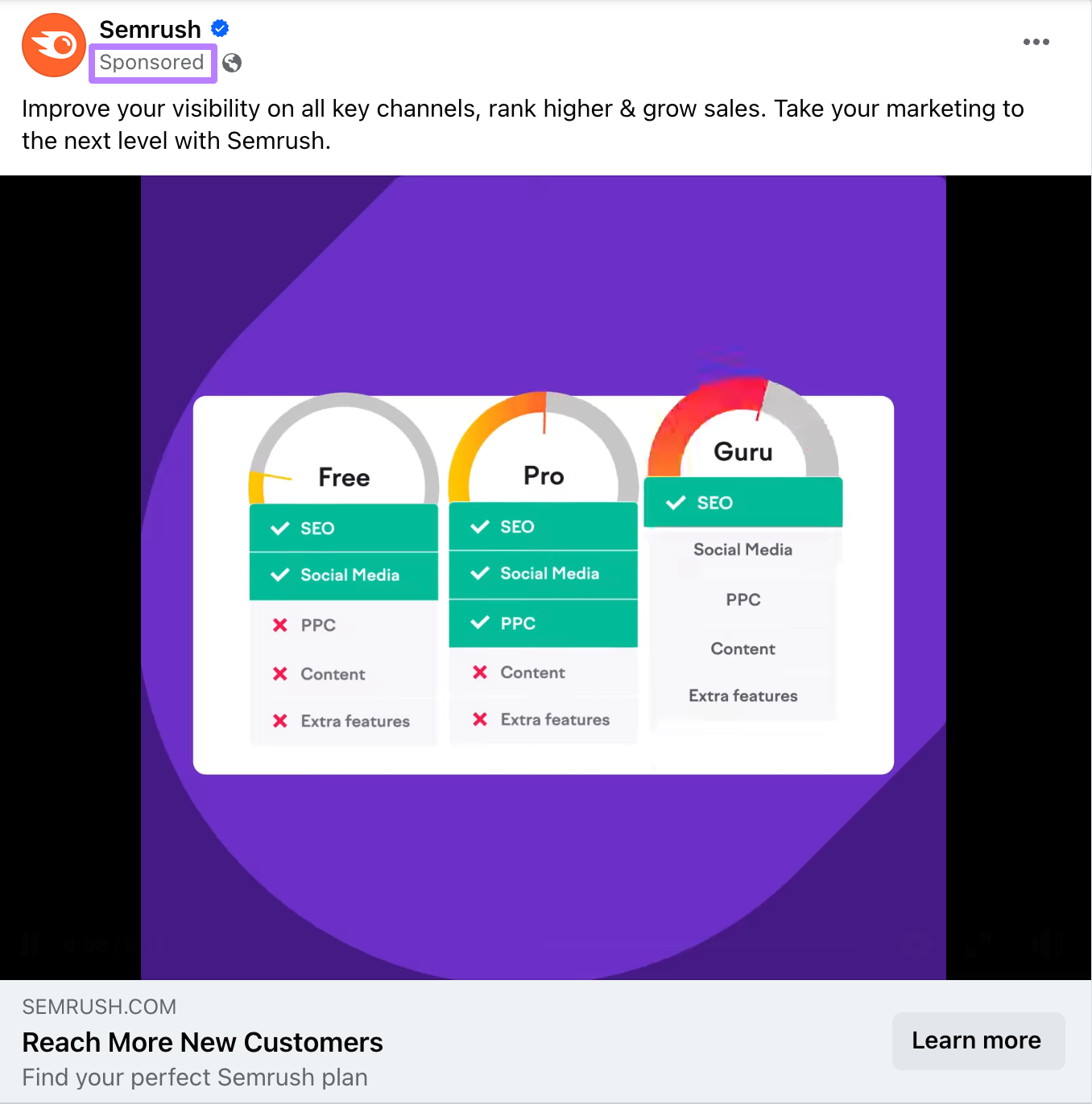 Semrush's native video ad on Facebook