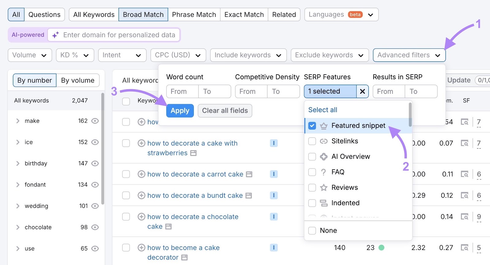 What They Are & How to Earn Them 13 Keyword Magic Tool with the "Advanced filters" drop-down opened, "Featured snippet" selected, and "Apply" clicked.