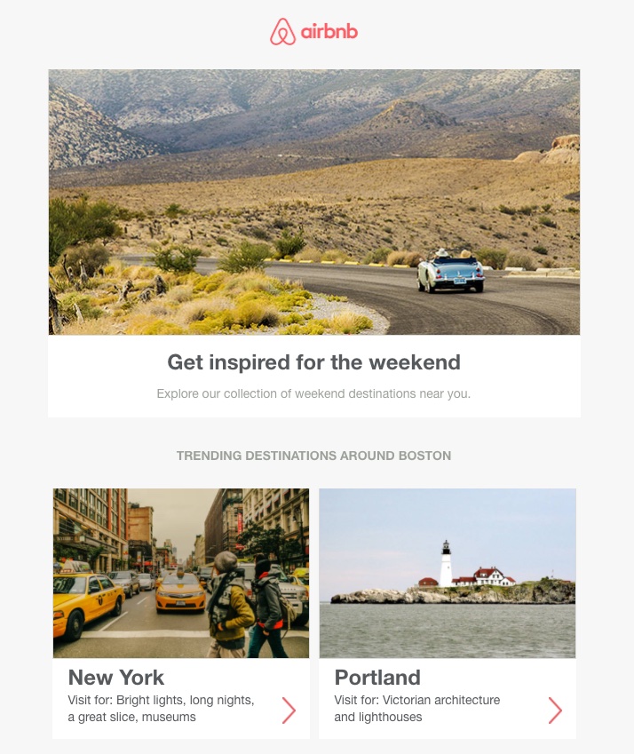 Airbnb's email sent to users to inspire them for the weekend trip