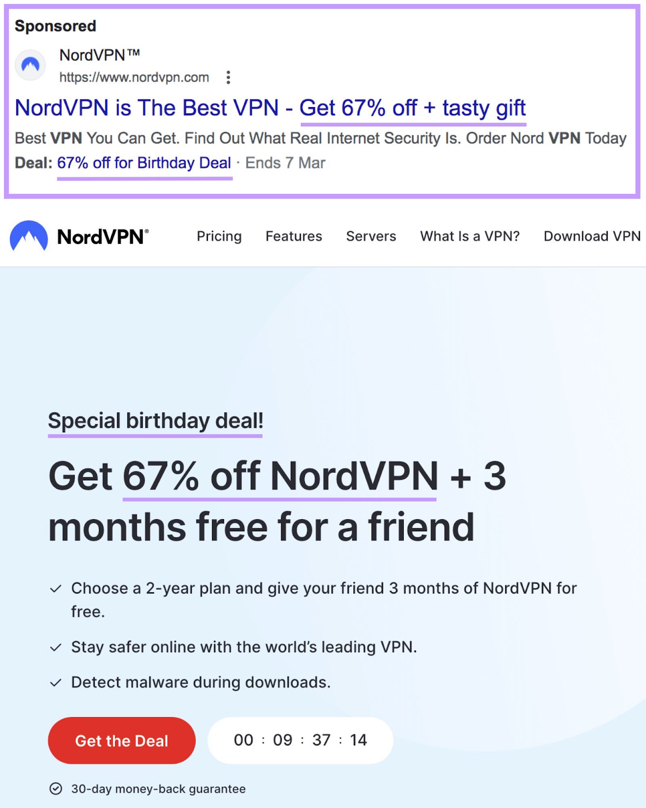 NordVPN's PPC advertisement  and a landing leafage   associated with the ad