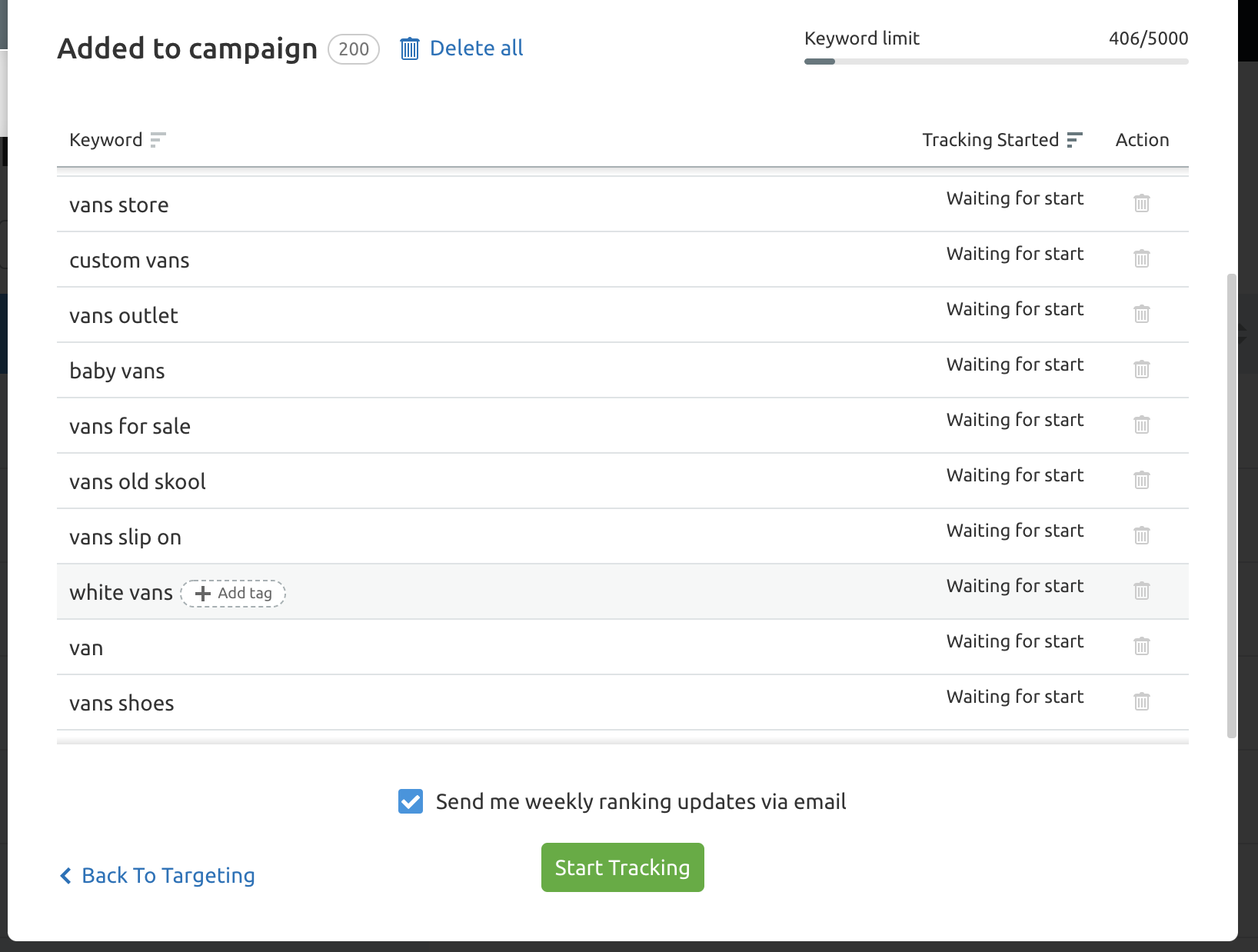 Adding keywords to Position Tracking campaign