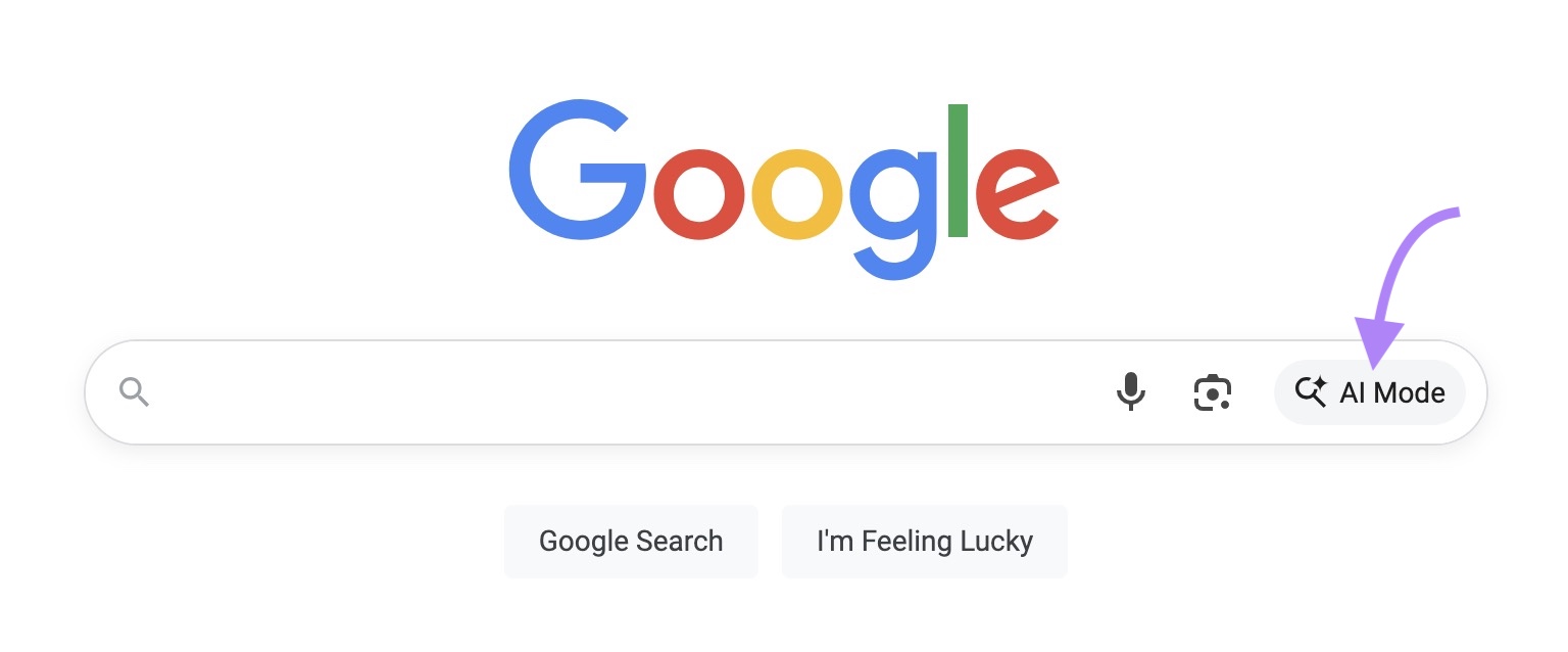 The "AI Mode" button highlighted on the Google search bar.