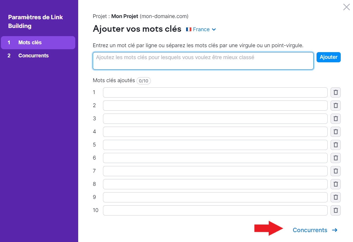 Paramétrer link building tool - mots clés