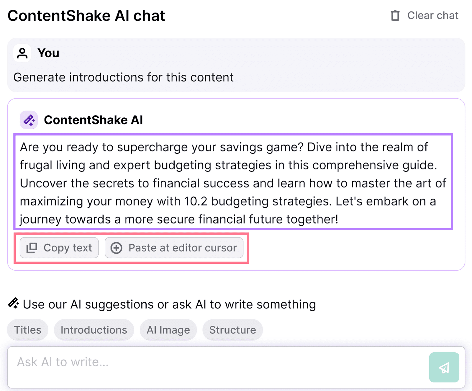 ContentShake AI chat with generated introduction and buttons "Copy text" and "Paste at editor cursor" highlighted