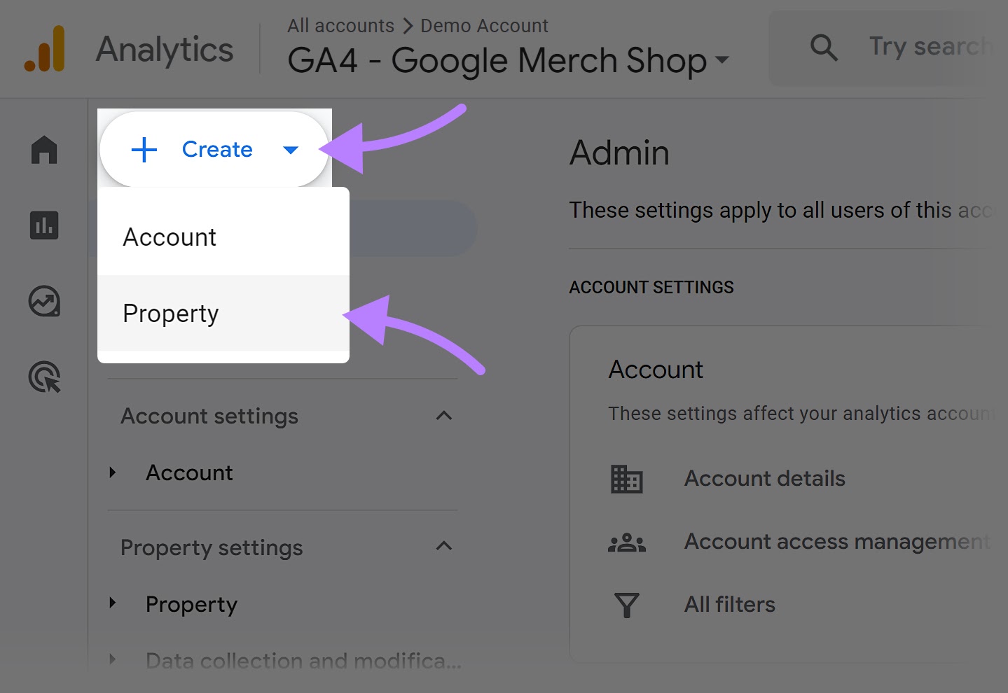 "Create" and "Property" buttons selected