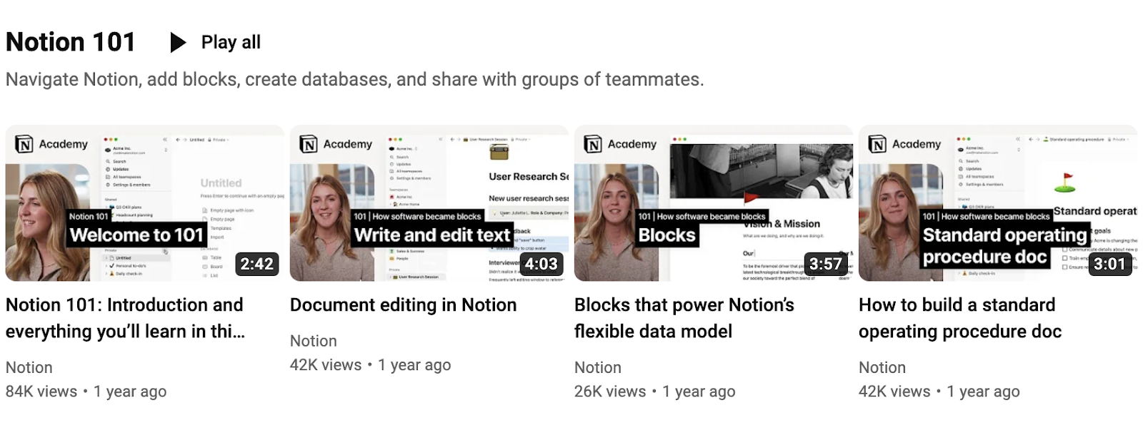 YouTube playlist "Notion 101" with four video thumbnails, each showing tutorial titles and black labels with descriptions