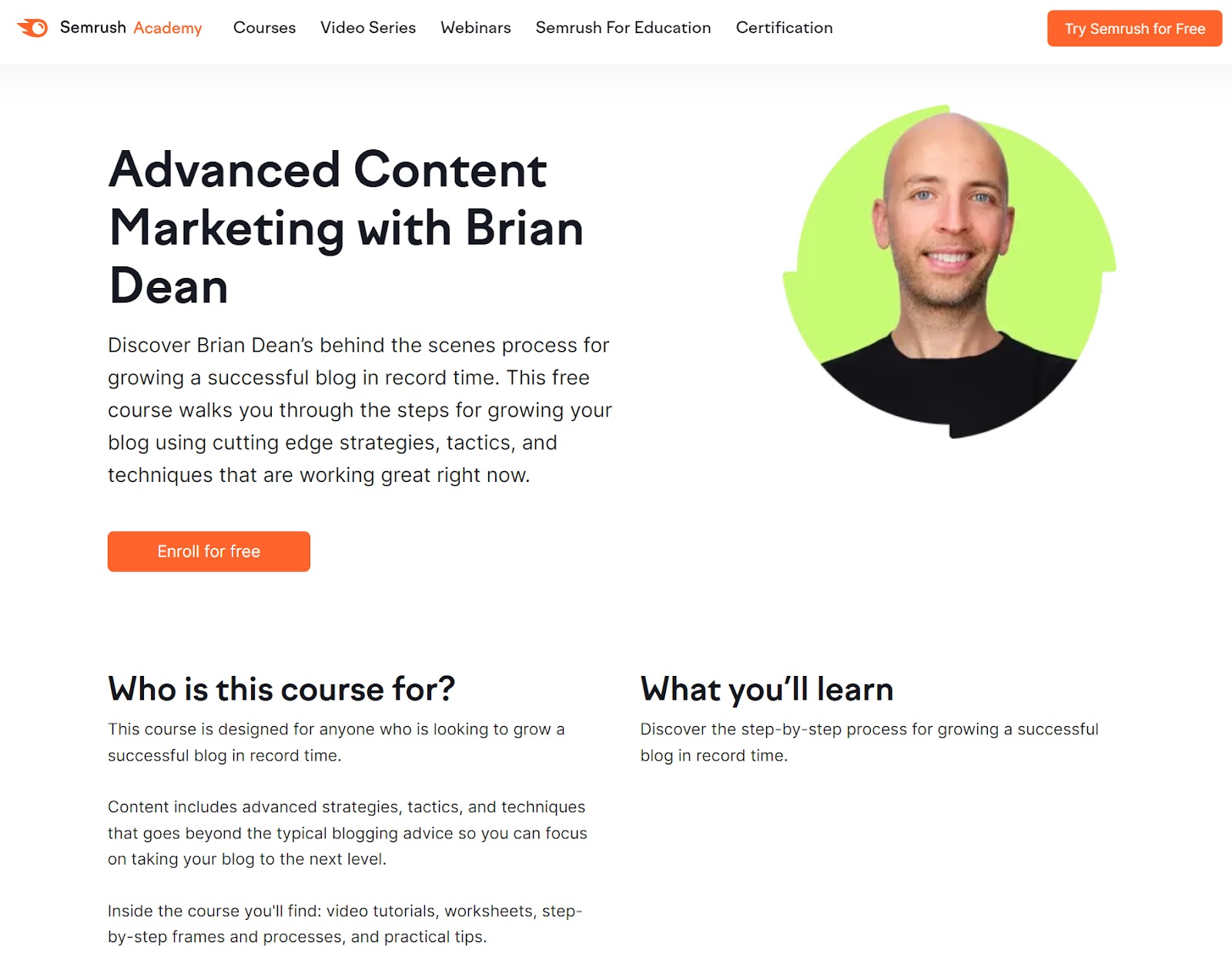 Advanced Content Marketing with Brian Dean landing page