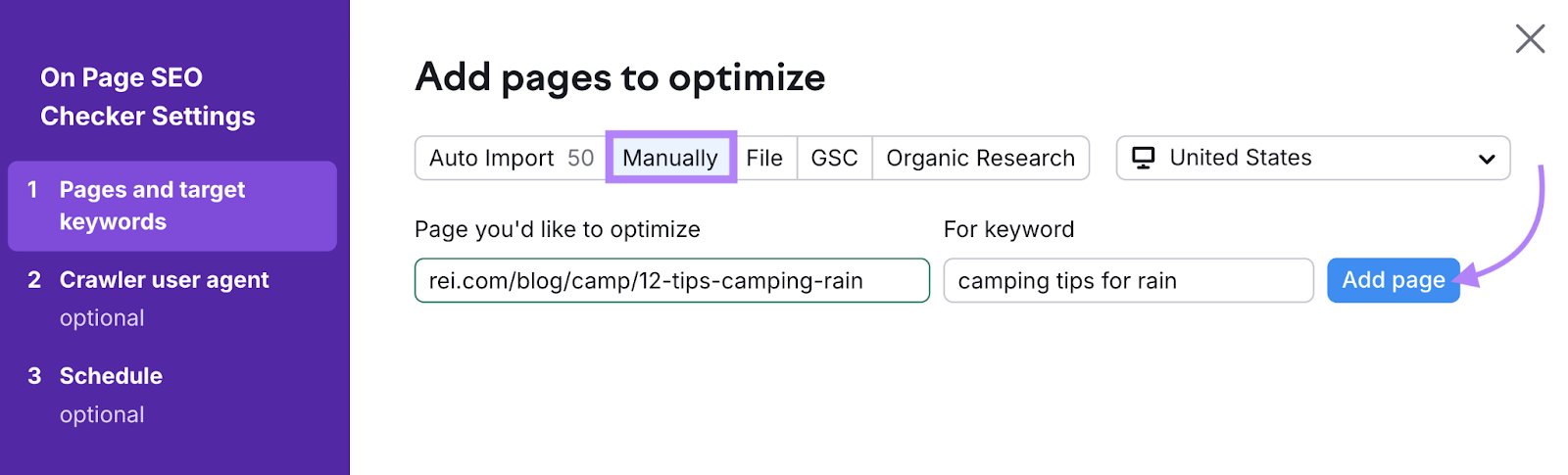 Manually option selected and blog pages entered with target keyword for each