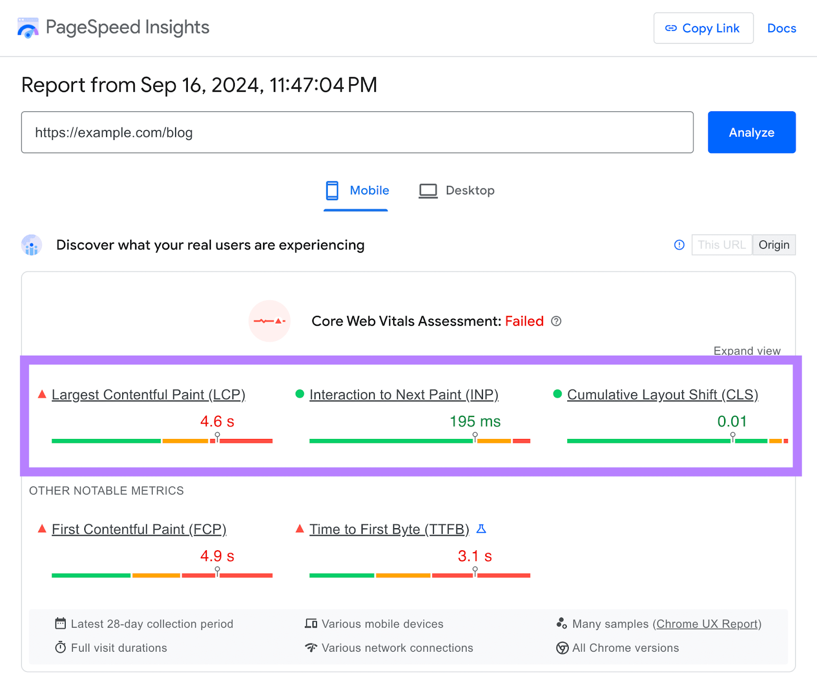 A failed Core Web Vitals appraisal  done done  PageSpeed Insights