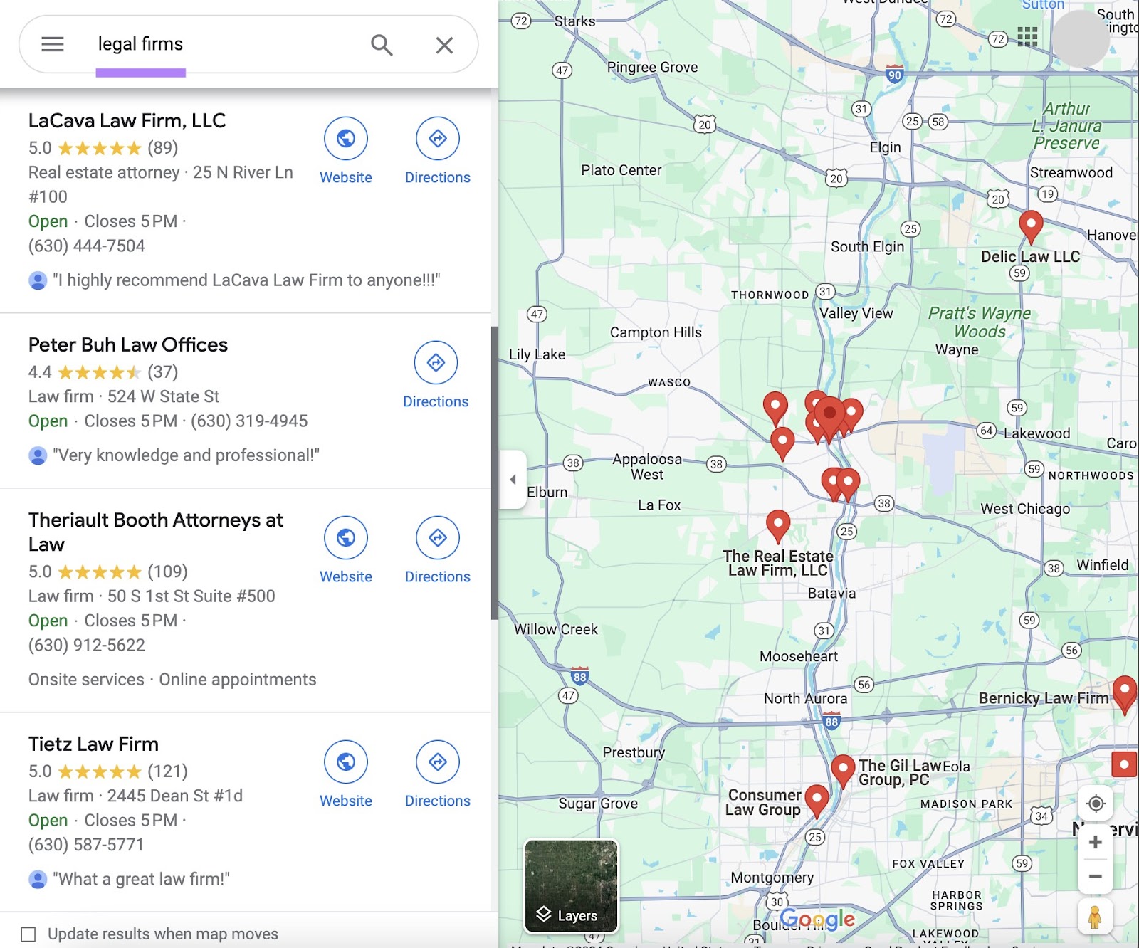 Google Maps results for "legal firms" query