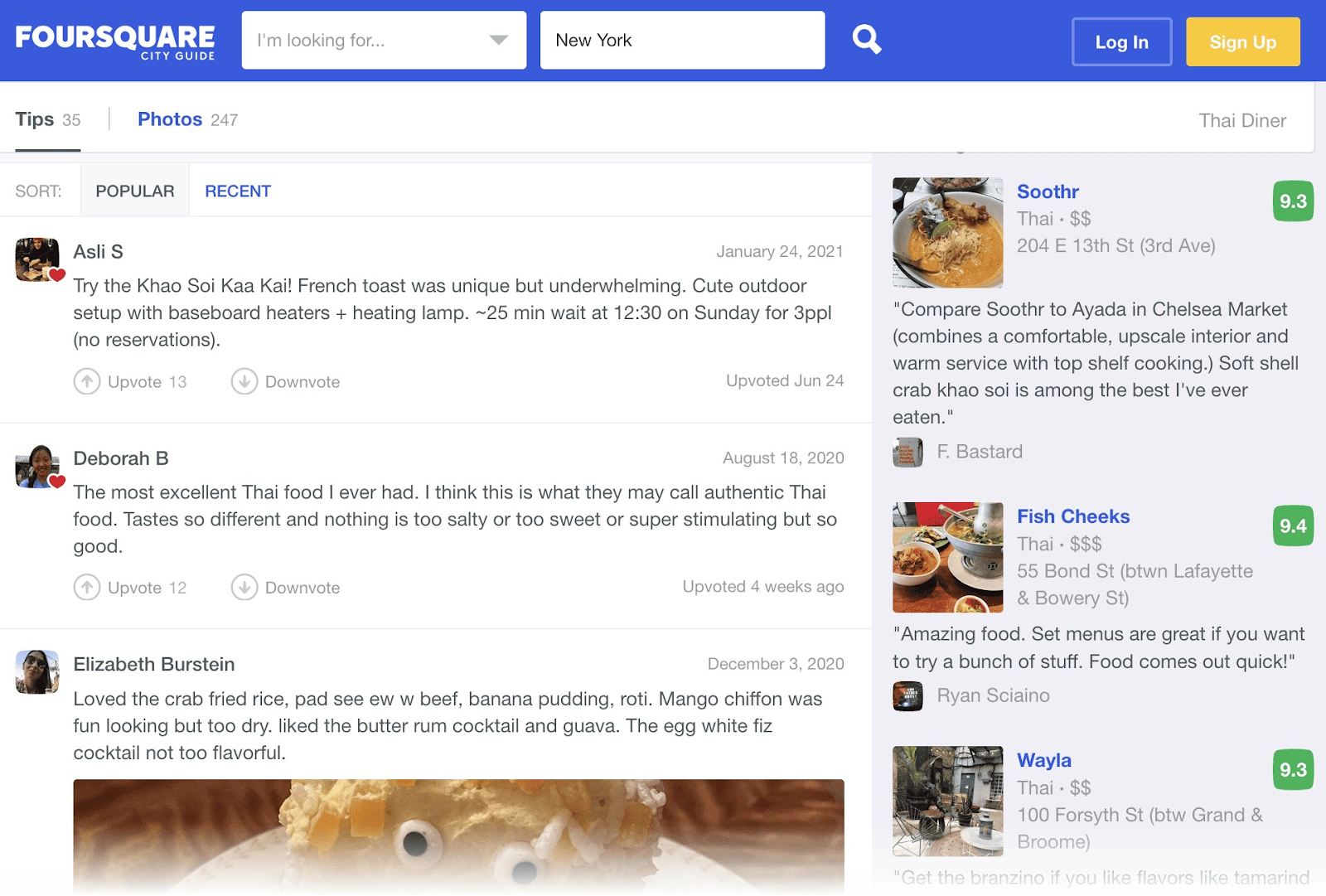 Página de Foursquare que muestra "Consejos" para restaurantes de Nueva York