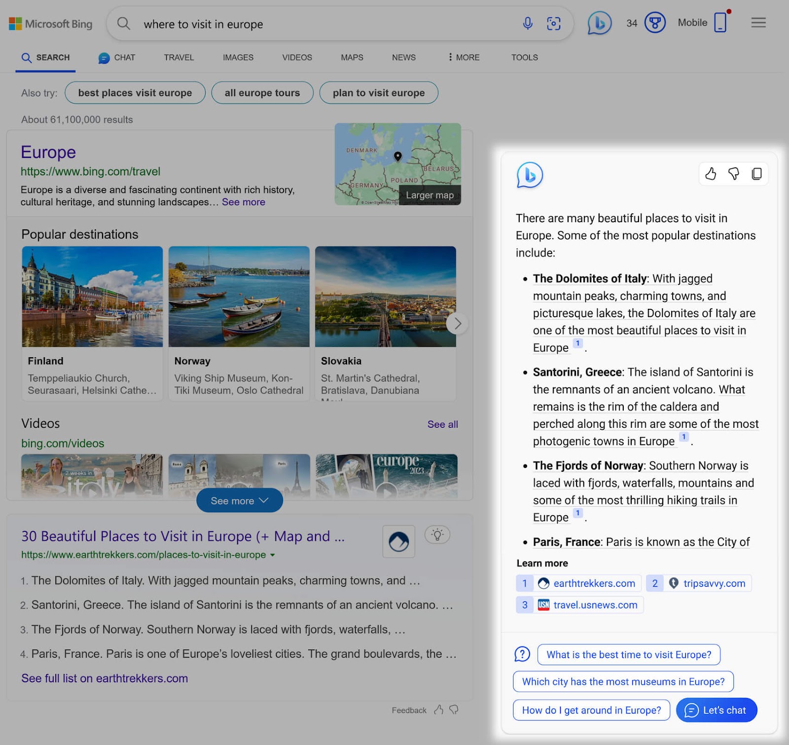 A chat model   with an AI-generated reply  highlighted connected  Bing's SERP