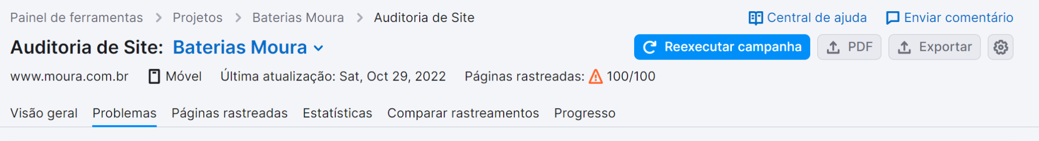 aba problemas na ferramenta auditoria de site