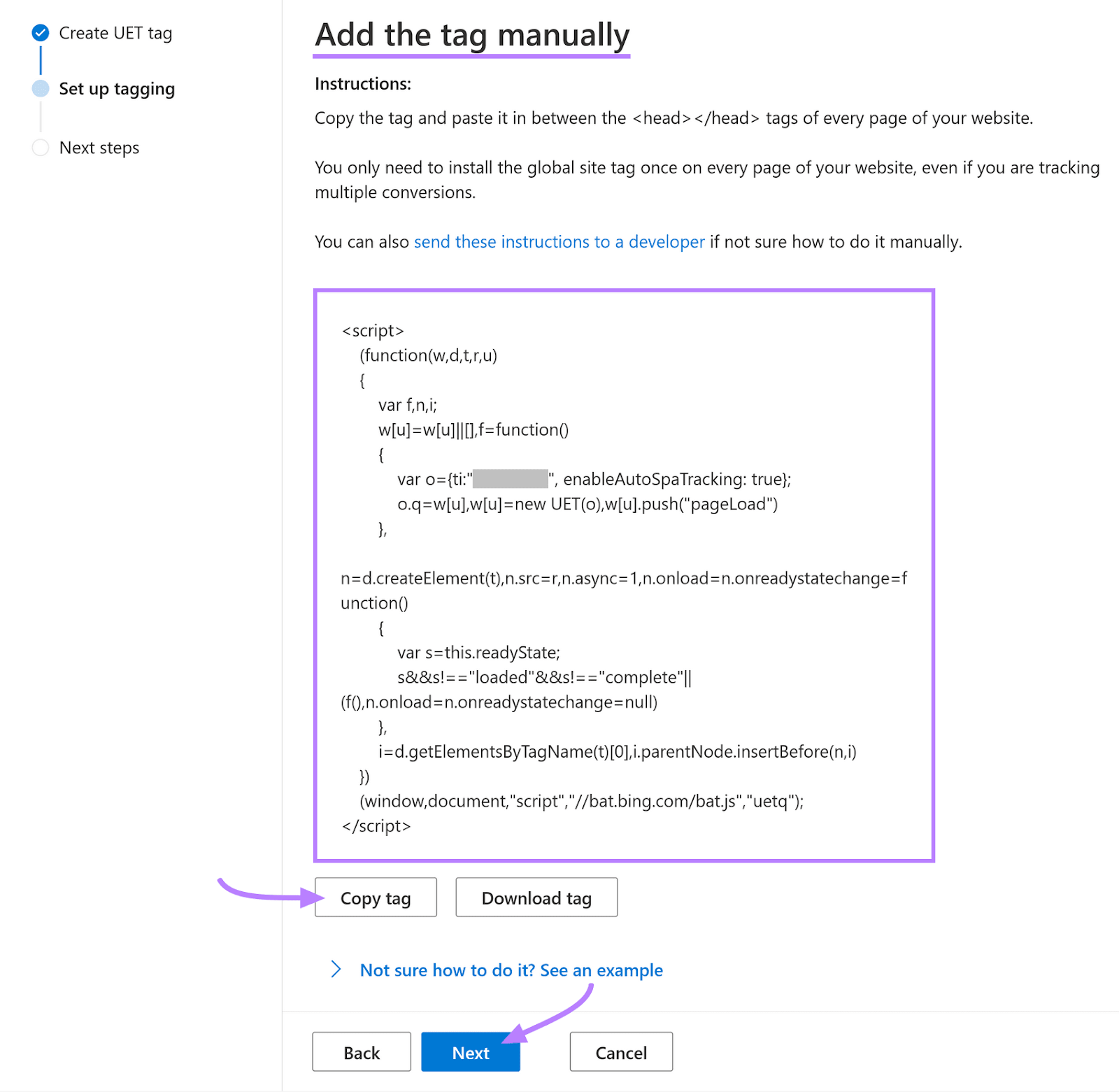 paste the code under "Add the tag manually" window