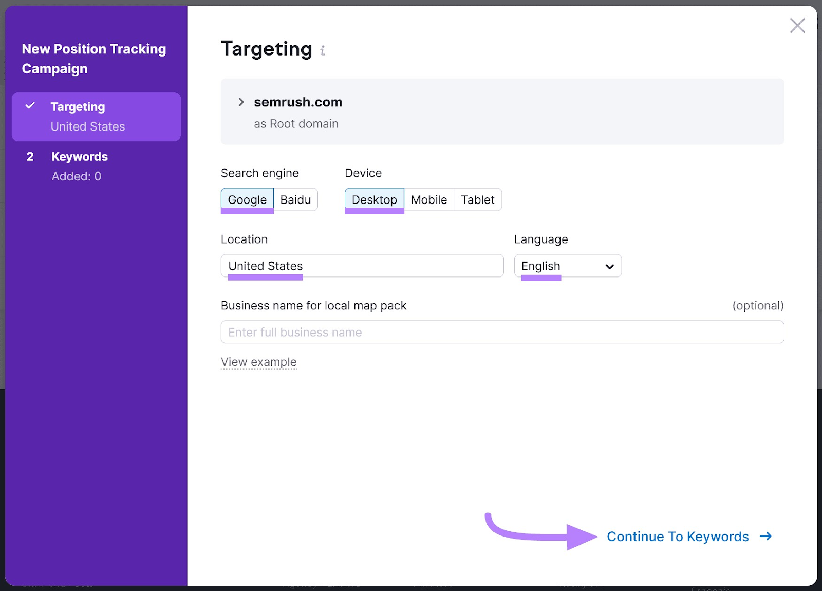 Janela "Targeting" nas configurações da ferramenta Position Tracking