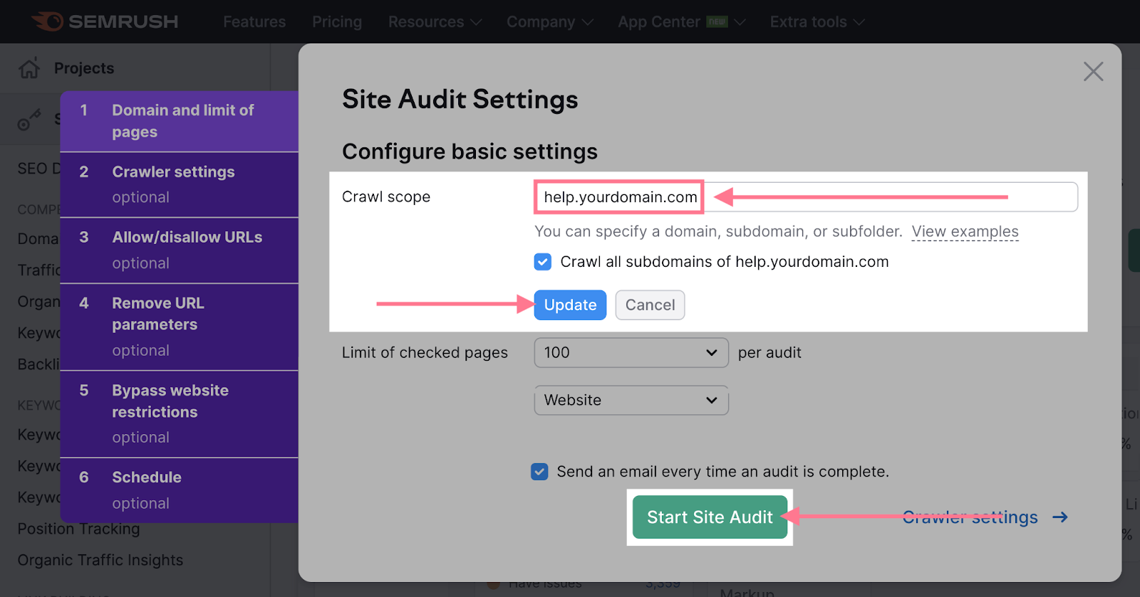 site audit tool configuration for crawl scope