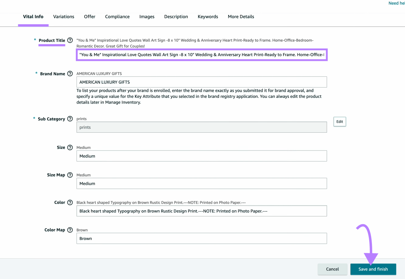 “Product Title” field highlighted under "Vital Info" page